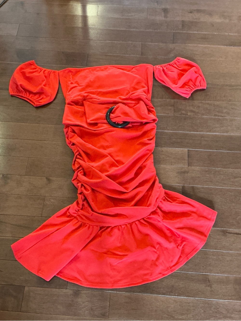 (NWT) VENUS Orange Off-Shoulder Ruffle Dress with Puff Sleeves and Waist Buckle